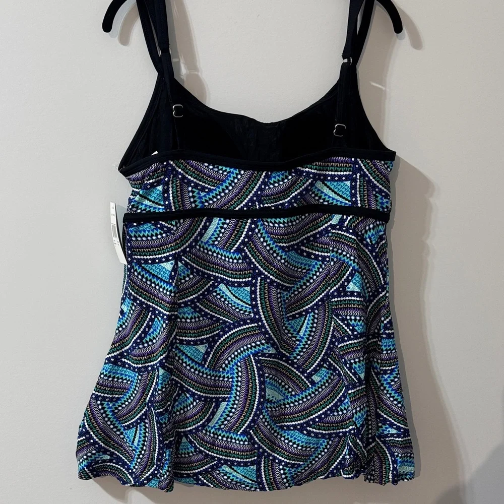 “Suit Yourself” Double Strap Blue, Black, Purple Patterned Swimdress Size 14